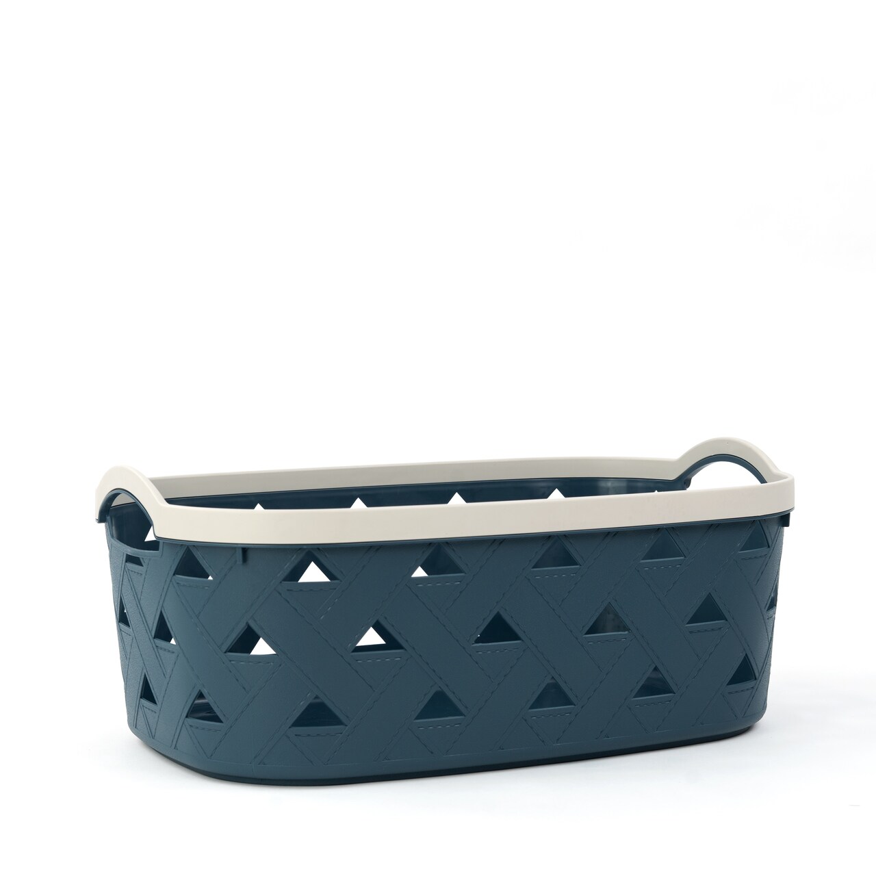 Organizing Essentials Extra-Large Plastic Storage Basket with Handles – Blue & Cream Decorative Bin for Bathroom, Living Room, or Laundry – Designer Leather Pattern Organizer Basket, 16.7L